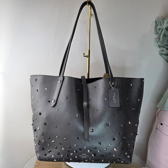 Coach Market Tote Star Rivet Leather Studded Shoulder Bag 59504 Graphite Gray - Picture 2 of 16